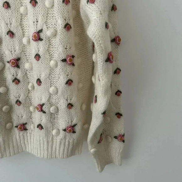 Vintage Gladys Bagley Floral Pom Pom Cottagecore 3D Knit Grandma Sweater - Picture 8 of 10